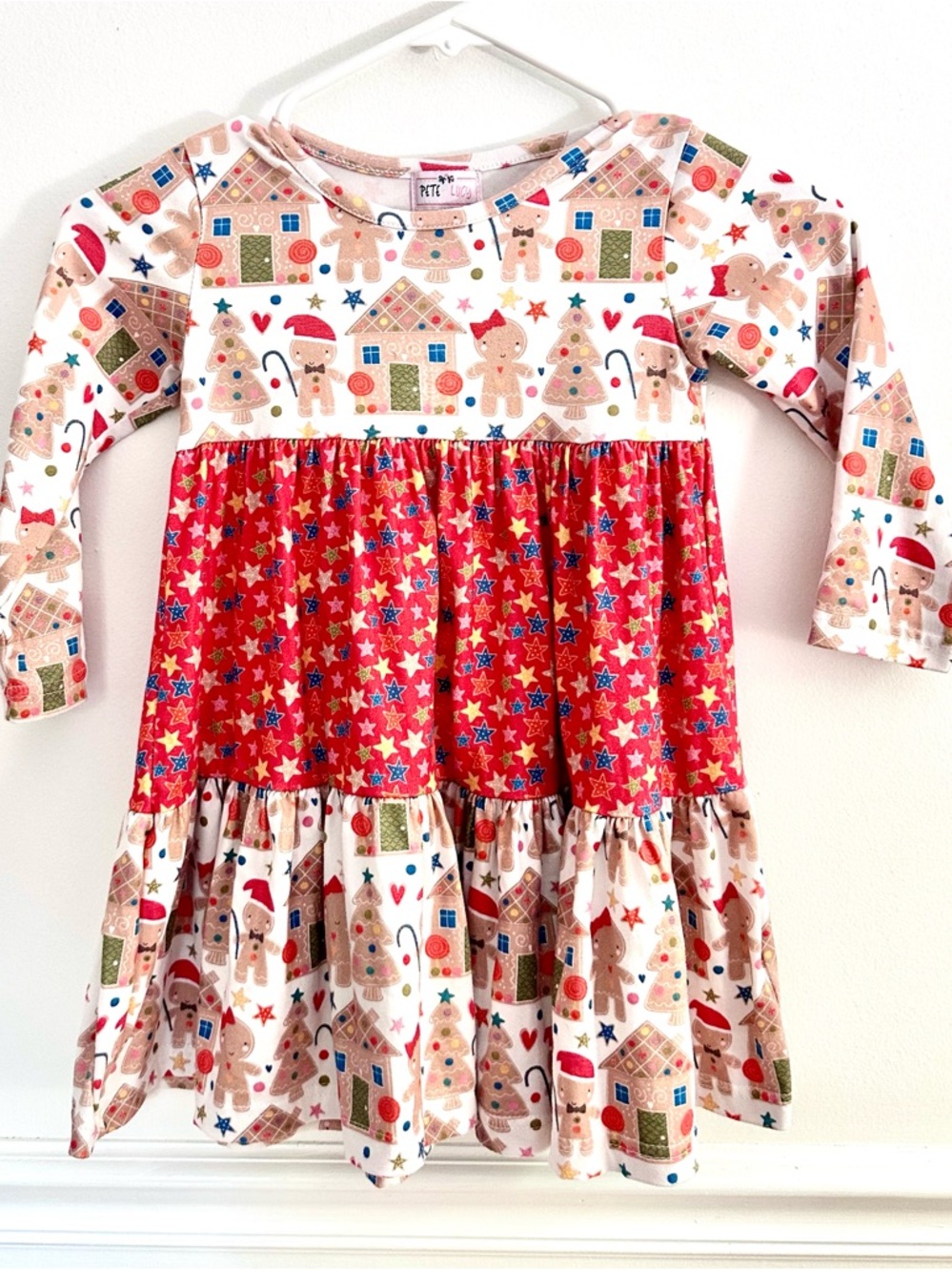 Pete + Lucy Gingerbread House Holiday Dress Star Print Ruffle Skirt Long Sleeve